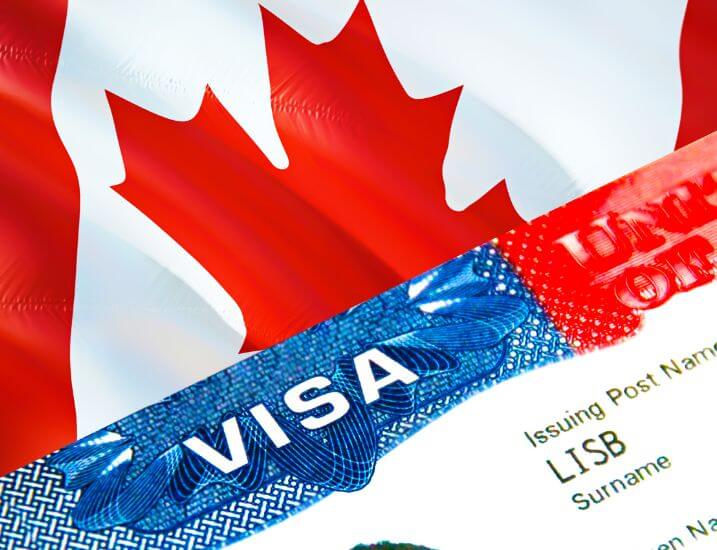 Canadian flag as a background with a visa showing on top of it