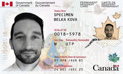 Sample of a Canadian Permanent Resident (PR) Card issued by the Government of Canada, featuring a photo, personal details, and security features.